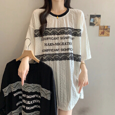 批发大码女<b class='q'>装</b>夏季短袖镂空字母蕾丝T恤宽松显瘦遮肉减龄遮肚休闲上衣