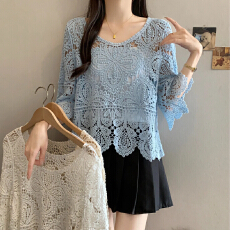 批发法式重工钩花镂空春夏新款胖MM气质百搭宽松显瘦<b class='q'>蕾丝</b>衫<b class='q'>裹</b><b class='q'>胸</b>两件套