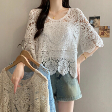 批发法式重工钩花镂空春夏新款胖MM气质百搭宽松显瘦<b class='q'>蕾丝</b>衫<b class='q'>裹</b><b class='q'>胸</b>两件套