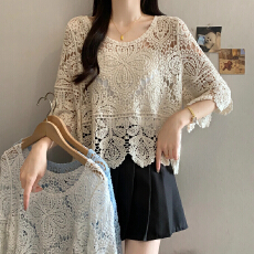批发法式重工钩花镂空春夏新款胖MM气质百搭宽松显瘦<b class='q'>蕾丝</b>衫<b class='q'>裹</b><b class='q'>胸</b>两件套