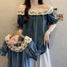 批发实拍2026夏季新款荷叶边领<b class='q'>牛仔</b>短袖别致宽松大码百搭显瘦休闲上衣