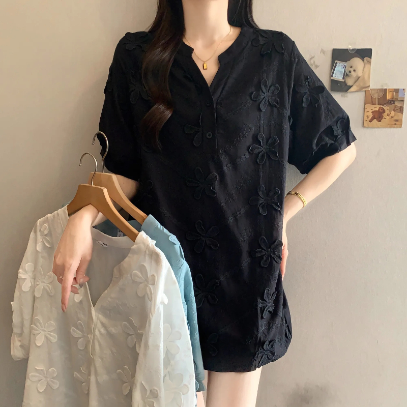 실사 2026 여름 새로운 자수 자수 지우기 통기성 여성 빅 사이즈 다용도 반팔 셔츠 맨위 셔츠 여성