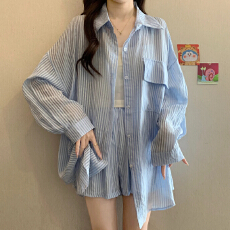 批发<b class='q'>韩版</b>设计感穿搭套<b class='q'>装</b>条纹宽松显瘦衬衫休闲短<b class='q'>裤</b>两件套<b class='q'>装</b>女夏季新款
