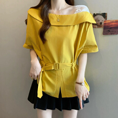 批发大码女装夏装新款显瘦设计感蕾丝拼接短袖<b class='q'>衬衫</b>绑带洋气减龄<b class='q'>衬衣</b>