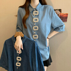 批发高级感重工镶钻翻领牛仔衬衫女夏季新款时尚宽松减龄百搭短袖衬衣