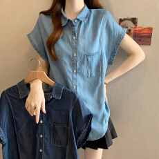 批发实拍<b class='q'>大码</b>翻领牛仔衬衫女夏季新款时尚宽松减龄百搭短袖衬衣