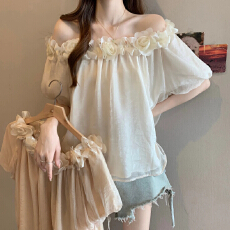 批发法式减龄<b class='q'>一字肩</b>立体花朵雪纺衫女夏季新款胖MM显瘦气质漂亮上衣女