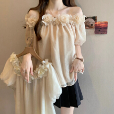 批发法式减龄<b class='q'>一字肩</b>立体花朵雪纺衫女夏季新款胖MM显瘦气质漂亮上衣女
