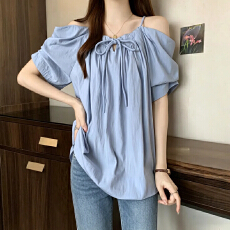 批发大码女装设计感一字肩花苞短袖衬衫女微胖MM百搭显瘦减龄小衫上衣