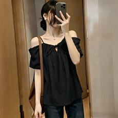 批发大码女装设计感一字肩花苞短袖衬衫女微胖MM百搭显瘦减龄小衫上衣