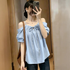 批发实拍大码微胖韩系露肩吊带短袖衬衫显瘦百搭上衣女夏季宽松衬衣女