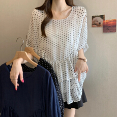 批发实拍夏季新款个性设计感宽松<b class='q'>波点</b>百搭中长款胖mm显瘦<b class='q'>雪纺</b><b class='q'>衫</b>上衣女