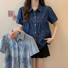 批发大码高档女装宽松显瘦遮肉减龄蕾丝花边软牛仔衬衣女夏季透气短袖
