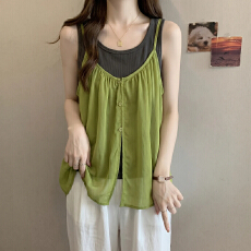 批发高级感法式宽松显瘦<b class='q'>夏</b>装胖MM气质显瘦减龄百搭遮扗大码两件套上衣