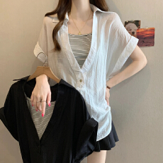 批发高级感法式宽松显瘦<b class='q'>夏</b>装胖MM气质显瘦减龄百搭短袖大码两件套上衣