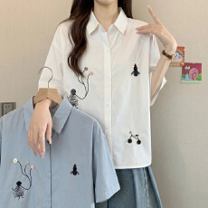 批发实拍大码女装<b class='q'>夏</b>装新款显瘦翻领刺绣衬衫宽松遮肉短袖百搭衬衣上衣