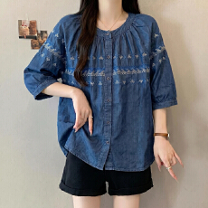 批发实拍大码刺绣牛仔衬衫女<b class='q'>夏</b>季新款时尚宽松减龄百搭短袖遮肉衬衣女