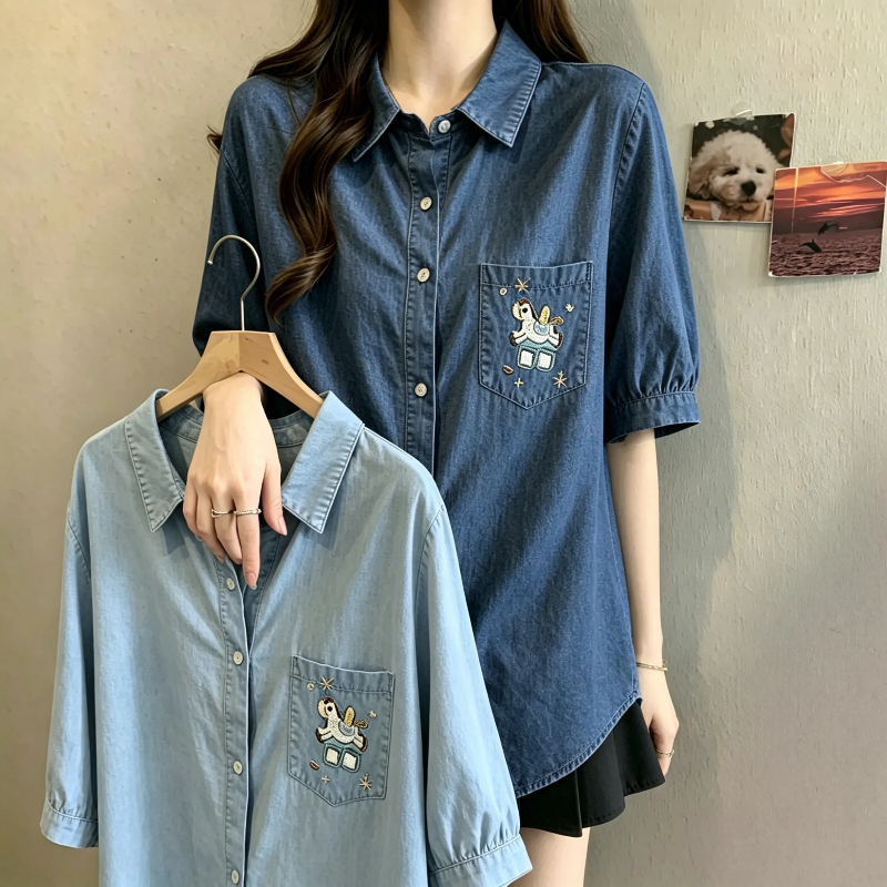RY7205#大码翻领牛仔衬衫女夏季新款时尚宽松减龄百搭短袖遮肉衬衣女