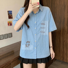 批发实拍大码刺绣牛仔衬衫女夏季新款时尚宽松减龄百搭短袖遮肉衬衣女