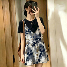 批发实拍夏季新款个性设计感假两件百搭中长款短袖<b class='q'>T</b><b class='q'>恤</b>女胖mm显瘦上衣