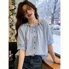 批发减龄大码女装夏装新款显瘦遮肉宽松串珠气质<b class='q'>休闲</b><b class='q'>衬衫</b>宽松短袖上衣
