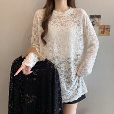 批发大码秋季新款胖MM蕾丝衫软糯叽叽立领宽松显瘦中长款开叉打底衫女