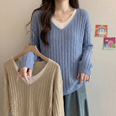 批发假两件甜美V领抽绳毛衣秋冬新款<b class='q'>大码</b>减龄百搭显瘦巨好看针织衫<b class='q'>女</b>
