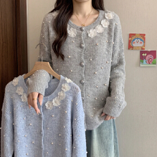 批发高级感订珠立体花朵毛衣秋冬新款<b class='q'>大码</b>减龄百搭显瘦巨好看开衫外套