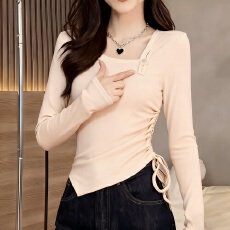 批发不规则抽绳设计感长袖<b class='q'>t</b><b class='q'>恤</b>打底衫女方领中国扣新国风秋冬季新款