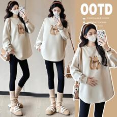 批发实拍 秋冬孕妇装不规则设计感趣味小猫印花加绒加厚孕妇打底卫衣