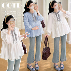 批发实拍 孕妇春季新款格纹拼接木耳边韩版甜美娃娃衫上衣