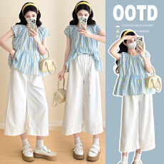 批发实拍现 <b class='q'>孕妇</b><b class='q'>条纹</b>短袖<b class='q'>衬衫</b>女宽松减龄显瘦百搭上衣