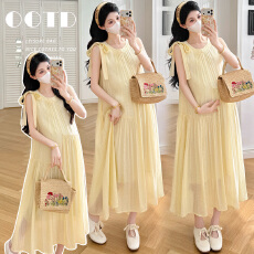 批发实拍 孕妇无袖夏季天丝压花新款温柔风长裙显瘦气质法式背心裙