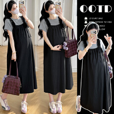 实拍 孕妇韩系度假方领露肩抽绳背心裙百搭温柔气质长裙+短袖T恤