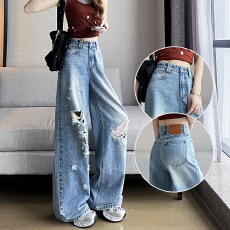 美式铂金闪片破洞牛仔裤女春夏新高腰宽松显瘦辣妹大码直筒拖地裤