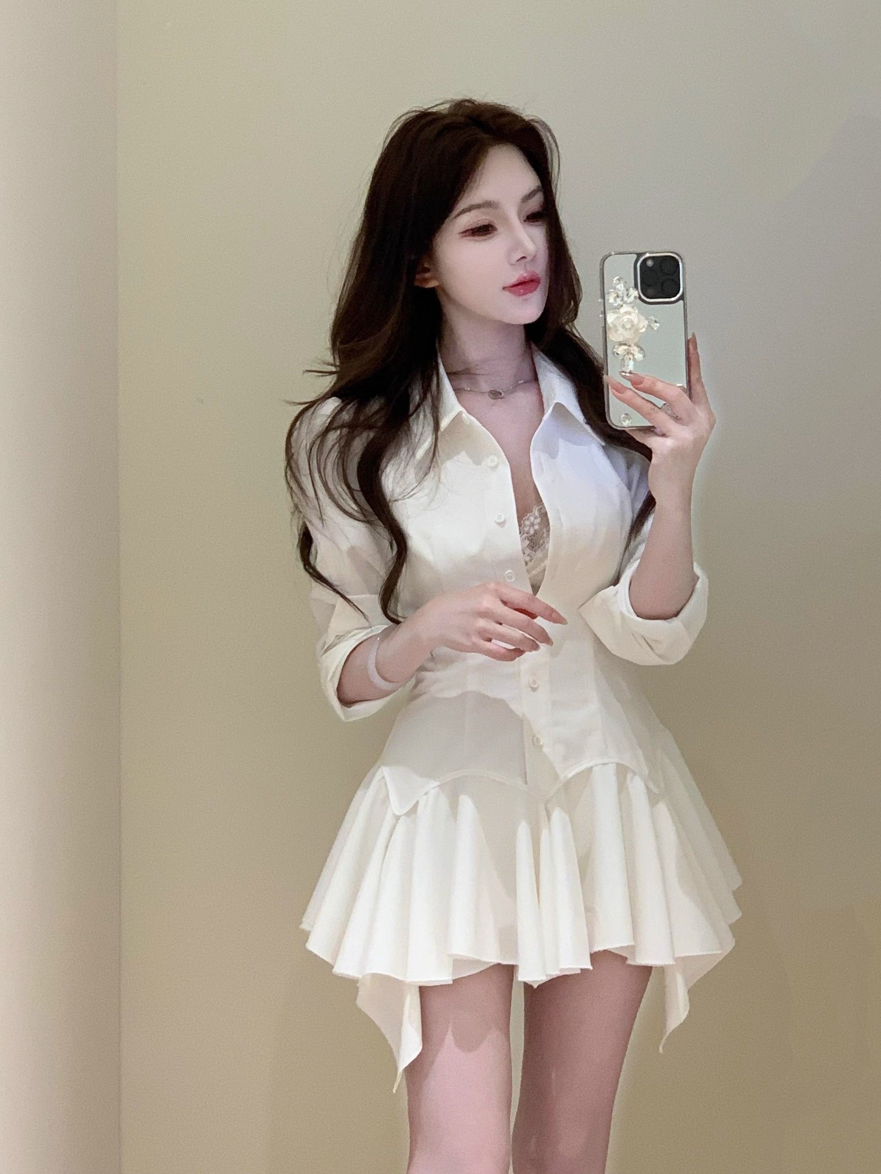 FA36935# 纯欲风辣妹单排扣衬衫连衣裙女春季新款独特别致收腰显瘦气质短裙 服裝批發女裝批發服飾貨源