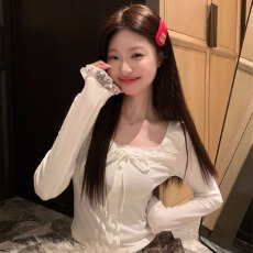 批发【官图 星空罗纹260<b class='q'>克</b>4*2】蝴蝶结T恤女秋季休闲打底衫外穿上衣