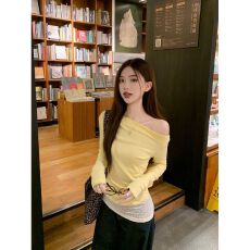 批发【原版面料 好品质】韩系黄色假两件蕾丝打底衫女露肩斜肩上衣