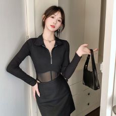 批发实拍实价 甜酷POLO领长袖T恤御姐透视网纱夜店风性感连体衣服上衣
