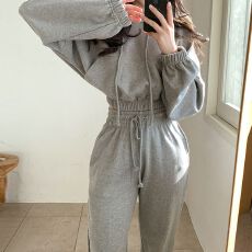 批发<b class='q'>韩国</b>chic小众百搭长袖短款连帽卫衣+高腰抽绳束脚裤长裤运动套装