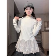 批发【官图 随心裁<b class='q'>莫代尔</b>260克1*1】不规则叠穿蕾丝裙摆长袖T恤上衣