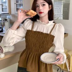 批发原版做工】小众不撞款假两件长袖<b class='q'>衬衫</b>女秋显瘦遮肚娃娃衫<b class='q'>时尚</b>上衣