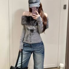 批发冬复古辣妹仿貂毛一字肩锁骨打底衫女内搭收腰显瘦<b class='q'>露肩</b>长袖上衣