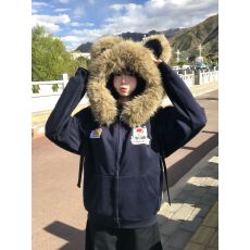 批发纯棉华棉复合】毛领卡通小熊刺绣连帽卫衣女秋冬加绒宽松<b class='q'>开衫外套</b>