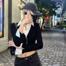 批发黑白撞色短款<b class='q'>衬衫</b>假两件针织开衫长袖<b class='q'>修身</b>上衣女秋