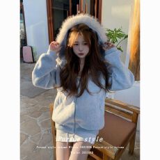 批发美式复古高街毛领连帽开衫卫衣外套女春秋2025oversize韩系慵懒风