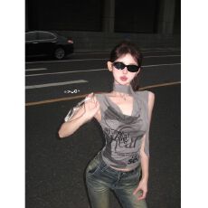 批发【高弹螺纹】字母印花灰色荡领背心T恤女夏显瘦辣妹无袖短款上衣