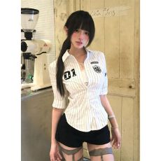 批发复古黑白条纹长袖球服短款衬衫女<b class='q'>夏季</b>收腰修身打底上衣