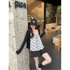 批发【随心裁】黑色针织开衫外套女夏季内搭外穿格子背心吊带两件套