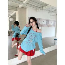 批发【亚麻棉 带胸垫】度假风套装斜肩长袖T恤内搭挂脖吊带<b class='q'>背心女</b>夏季